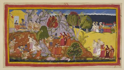 The Brahmins and the queens in their litters approach. Kausalya points out the place by the river where Rama offered the ritual water and laments the pitiable quality of the pindas, as offered to her dead husband. The three exiles travel together. by Indian School