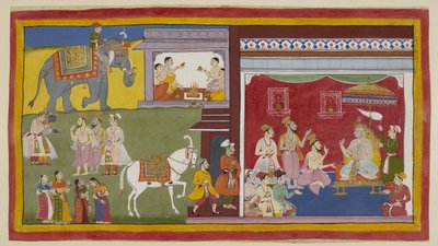 Dasaratha, enthroned in durbar, tells the Brahmins Vasistha and Vamadeva and his minister Sumantra of his intention to resign his throne to Rama as regent; on the left, these three summon Rama and Laksmana. Above, four Brahmins begin by Indian School