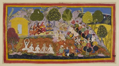 Rama is seated on a mat facing the two brothers, with the three queens and Sita on his right. Bharata continues to urge Rama to return to Ayodhya to be crowned, arguing that their father had sinned against him for fear of his wife