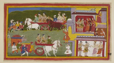 The procession returns to Ayodhya, along the bottom of the painting, the sorrowful and deserted city being the haunt of cats and owls. Bharata and Shatrughna take their leave of the queens and tell Vasistha that they will retire to N by Indian School