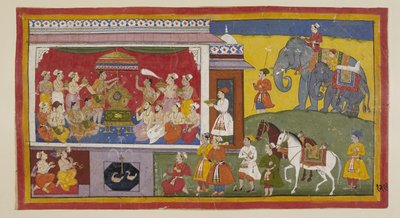 In the throne room at Nandigrama, Bharata places on the throne Rama