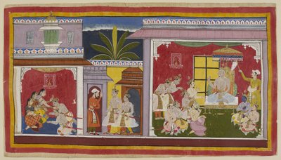 In the throne room at Ayodhya, King Dasaratha is seated with his four sons, his minister Sumantra and his chief priest Vasistha. Yudhajit, Queen Kaikeyi