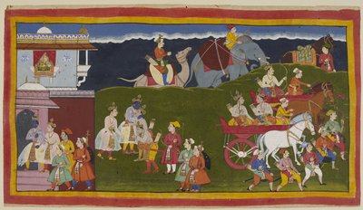 The four brothers embrace outside the palace, with women looking down from a shuttered jharokha window supported by curving serpentine brackets by Indian School