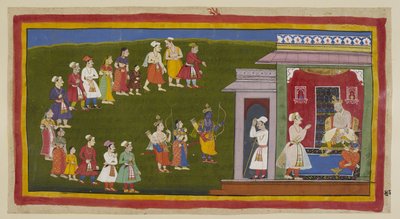 Rama and Laksmana, dressed as before but armed with sword, bow and arrows, accompanied by Sita, have walked humbly through the streets thronged with grieving people to their father