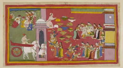 On the right, seeing his sons and Sita clad in robes of bark, Dasaratha loses consciousness and falls from the throne by Indian School