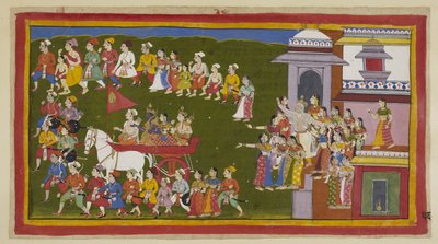 Rama, his wife and brother ride off in a chariot driven by Sumantra and are surrounded by the grieving townspeople, whose tears lay the dust raised by the chariot