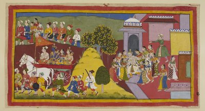 Rama, unbearably distressed at the sight of his aged parents running desperately after the chariot, has urged on the driver. The chariot passes behind a hill, still surrounded by the townspeople, while Dasaratha, who has run after it, collapses. by Indian School