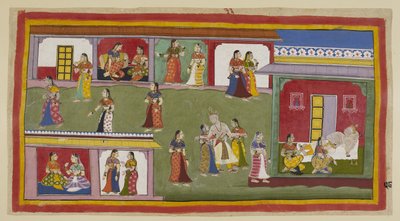 The king is helped back into his palace by his queens. He repudiates Kaikeyi, telling her to dwell in the palace as a widow as he does not want to see her again, and is helped to bed by Kausalya and Sumitra, while the lesser queens m by Indian School