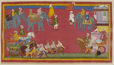 The two princes and their uncle have dismounted from their chariots and advance from the left to greet the king. He comes out of the palace on the right in his chariot and bends down to greet them lovingly. Elephants are in the backgrou by Indian School