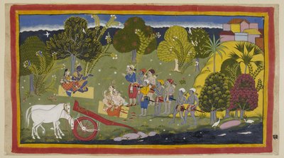The companions have reached the river Ganga at Srngaverapura. Rama and Sita are seated on a mat of straw under a tree, meant to be an Ingudi tree, while Laksmana and Sumantra are similarly seated facing them by Indian School