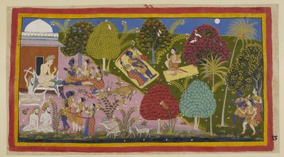 At the top centre, the three spend the night in the forest. Sita and Rama lie on one mat, his sword and bow beside him, while Laksmana seated on his mat reproves Rama for giving way to grief by Indian School