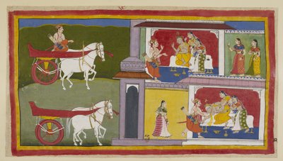 On the Left, Sumantra Returns to Ayodhya and Enters the Palace to Give Rama