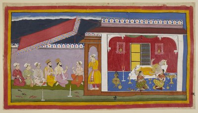 Dasaratha lies on his bed in his chamber, the two queens seated beside him, all three in the attitude of conversing, while they try to console one another. Outside the room, Brahmins and ministers are in conversation with Sumantra. by Indian School
