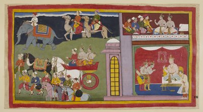 The messengers, in an upper chamber, tell the princes to return to Ayodhya. Below in the throne-room, dressed for the journey, the princes say their farewells to King Kaikeyi and his son Yudhajit by Indian School