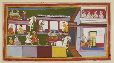 The princes in their chariot drive through the main street at Ayodhya, wondering at the change in the city since they left it, and then enter the palace, with questioning gestures. In an upper room, a Brahmin and three ministers converse. by Indian School