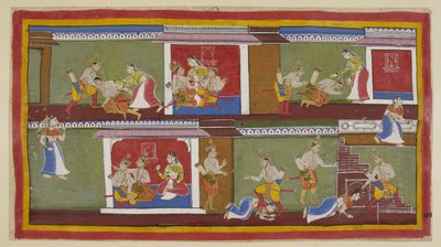 At the top on the right, Bharata and Shatrughna greet Kaikeyi, who takes them on her lap, and they converse about recent happenings by Indian School
