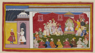 Dasaratha is seated on his throne in full durbar, with Rama and Laksmana kneeling beside him, while the messenger sent by Bharata from his grandfather
