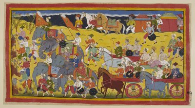 The princes with their gurus, ministers and army set out for the forest, preceded by men hacking down the trees to make a path and by the royal elephants. Two litters convey the queens, preceded by two led riding horses. by Indian School