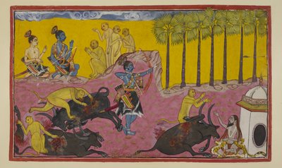 Sugriva and his monkeys, seen at the top on the left, continue to tell Rama and Laksmana the story of Bali and Dundubhi by Indian School