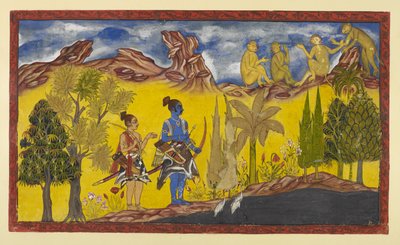 In their desperate search for the abducted Sita, Rama and Laksmana have come to the Pampa lake, which is covered with lotuses and surrounded by flowering trees. It is the spring season and Rama is continuously reminded by the mating birds. by Indian School