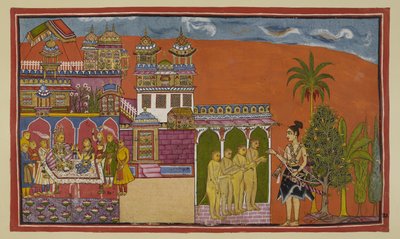 The angry Laksmana has reached the gate of Kishkindha, where he is welcomed by Angada, Bali