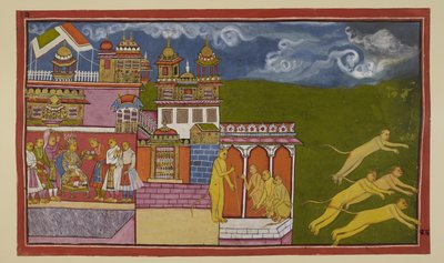 Sugriva seated on his throne, accepting a drink from an attendant, has been advised by Hanuman to appease Laksmana