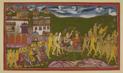 Sugriva and Laksmana are conveyed in a golden litter, borne by monkeys, from Kiskindha by Indian School