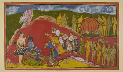 Rama seated on a seat of lotus petals in his cave, with Laksmana standing beside him, is overjoyed at seeing the vast army of monkeys that Sugriva has brought with him. Sugriva falls at Rama