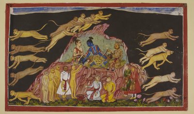 Rama, Laksmana and Sugriva are seated on a rocky eminence. Sugriva divides his vast forces into four and sends them out to search the four quarters for Sita. To each troop leader he describes the terrain that they will be encountering by Indian School
