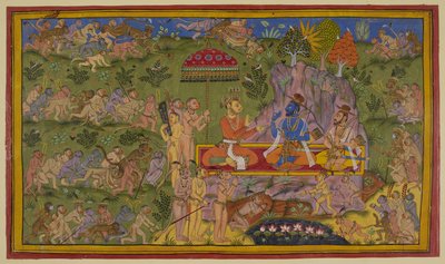 The monkey forces have scoured the northern, eastern and western regions in vain and return to tell Sugriva and Rama of their disappointment. Sugriva Sita on a rug under a royal umbrella and is offering pan (betel-chews) to the two brothers by Indian School