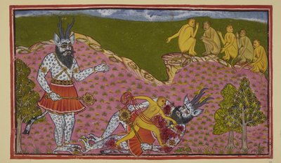 The monkeys who went south, including Hanuman and Angada, come across a huge asura (demon), blue and scaly, with horns and a mace by Indian School
