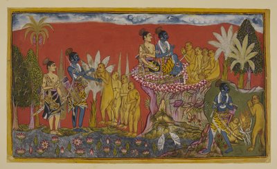 Hanuman now brings Rama and Laksmana into the presence of Sugriva on the mountain. Rama and Sugriva clasp hands in token of their vow of friendship, watched by Laksmana and the other monkeys; and then, in a similar spirit, the two walk by Indian School