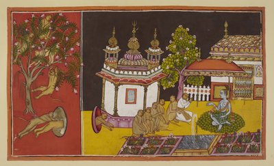 Still desperately searching for Sita in the mountainous wilderness, the monkeys find the entrance to an enticing cave. On the left, in a separate panel, the monkeys cavort in a flowering tree outside the small entrance to the cave by Indian School