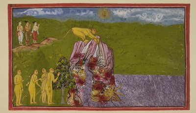 On the shores of the great ocean, the monkeys were dismayed as to how they could cross it to reach Lanka. Angada asked them all how far they could leap, but none was confident of leaping this far, until Jambavan urged Hanuman by Indian School