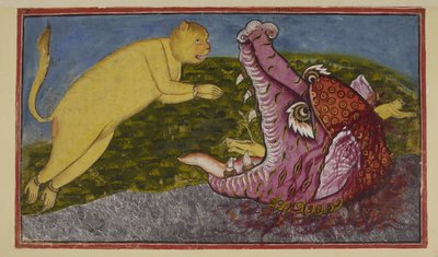 The mother-of-serpents Surasa, who dwells at the bottom of the ocean, being pressed by the gods to test Hanuman, has turned herself into a great sea monster with mighty jaws, red, purple and fanged by Indian School