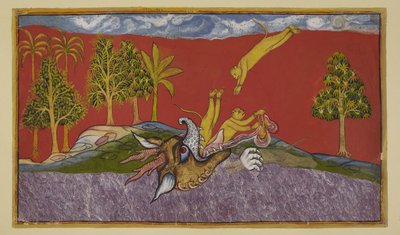 Hanuman dives into the mouth of the demoness Simhika by Indian School