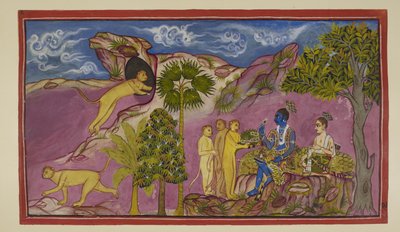 Sugriva tells Rama that he has seen Sita being carried aloft in a chariot by Ravana, struggling and calling out the names of Rama and Laksmana. On seeing him below, she let fall her jewels and an upper garment. Sugriva runs to a cave in by Indian School