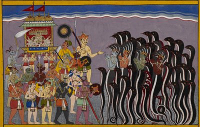 Ravana descends into the watery regions or rasatala, the hell situated at the bottom of the ocean. Vasuki, the god of water and the nagas are depicted with hands joined being subjugated by Ravana in his chariot that is surrounded by demons by Indian School