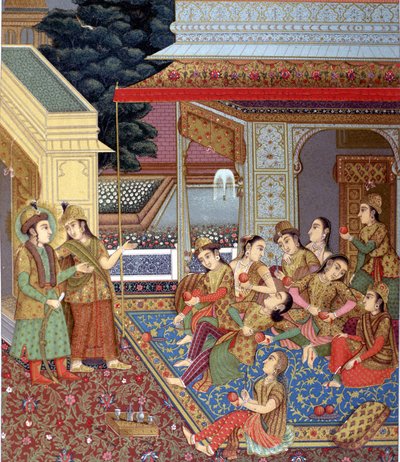 An Indian harem. Illustration of a Moghol miniature by Indian School