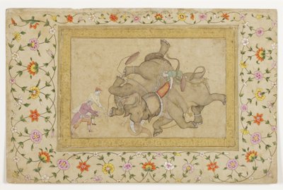 An elephant combat, with border floral arabesque by Indian School