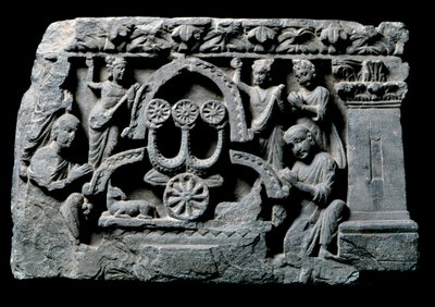 Art of Gandhara: Buddha in prayer, the miracle of Sravasti. Relief of the Gandhara School - 2nd to 4th century - Indian Museum, Calcutta India by Indian School