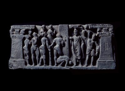 Art of Gandhara: Devadatta archers attack Gautama Buddha. Relief of the Gandhara School - 2nd to 4th century - Indian Museum, Calcutta, India by Indian School