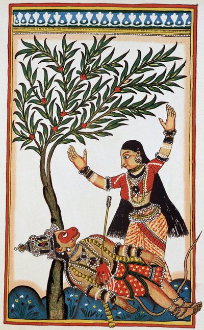 Bali killed by an arrow, next to him Tara his wife, litho eighteenth century by Indian School