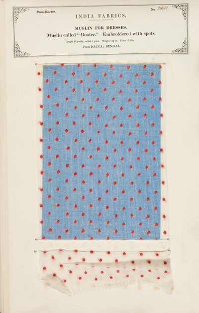 Bootee muslin sample embroidered with spots from Dacca in Bengal, from The Collection of the Textile Manufacturers of India, by John Forbes Watson, published in 1866 by Indian School
