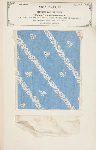Chikan embroidered muslin sample from Dacca in Bengal, from The Collection of the Textile Manufacturers of India, by John Forbes Watson, published in 1866 by Indian School