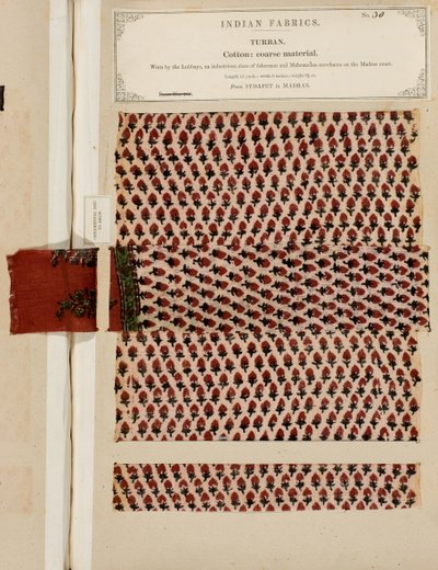 Coarse cotton turban sample from Sydapet in Madras, from The Collection of the Textile Manufacturers of India, by John Forbes Watson, published in 1866 by Indian School