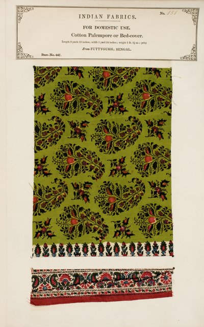 Cotton palempore or bed-cover sample from Futtygurgh in Bengal, from The Collection of the Textile Manufacturers of India, by John Forbes Watson, published in 1866 by Indian School