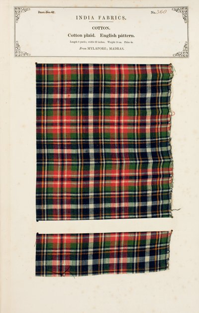 Cotton plaid sample from Mylapore in Madras, from The Collection of the Textile Manufacturers of India, by John Forbes Watson, published in 1866 by Indian School