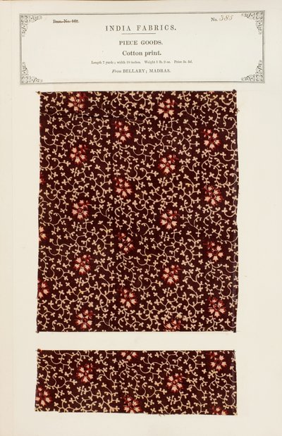 Cotton print sample from Bellary in Madras, from The Collection of the Textile Manufacturers of India, by John Forbes Watson, published in 1866 by Indian School