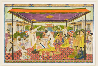 Court Scene with Panoramic Palace and Garden Background by Indian School